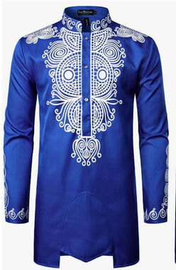 LUC MATTON Tunic Shirt Men Medium African DASHIKI Tribal Navy Blue Long Sleeve